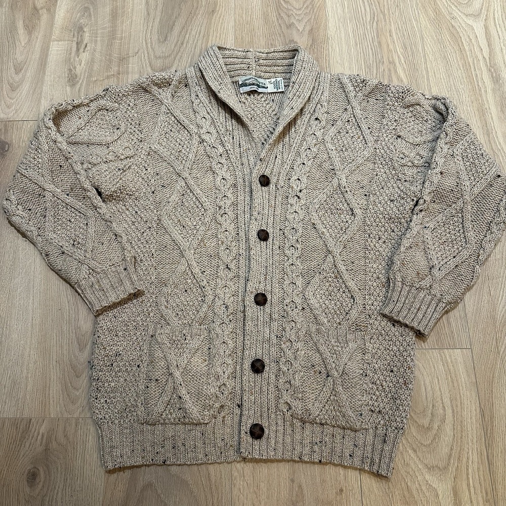 Aran Crafts Cable Knit Cardigan Sweater 100% Merino Wool  XL Ireland Wood Button